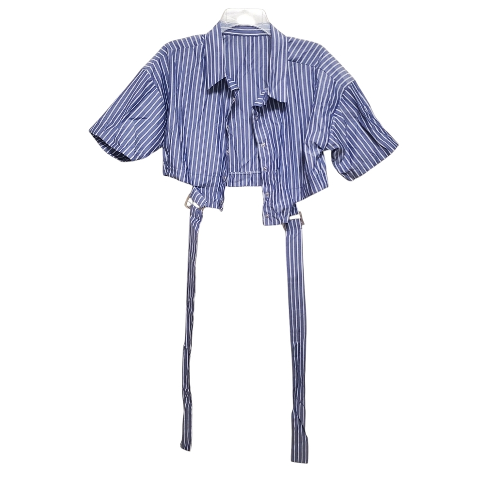Short Sleeve Stripe Shirt Snap Front Buckle and Crop Waist Detail Street Wear